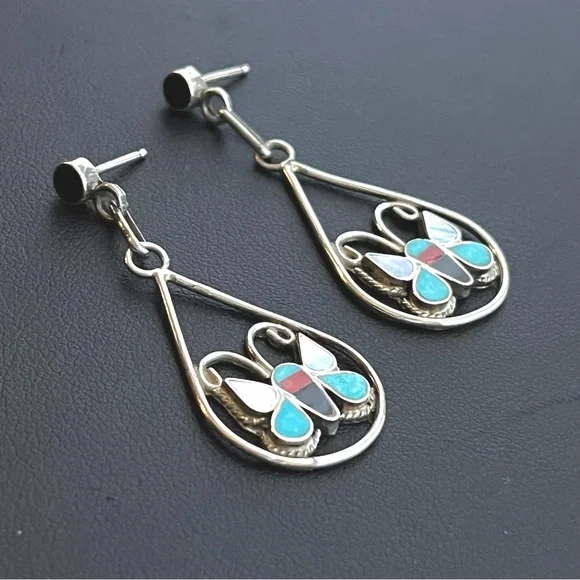 Vintage Native American Zuni sterling silver gemstone inlay butterfly earrings - Picture 4 of 8